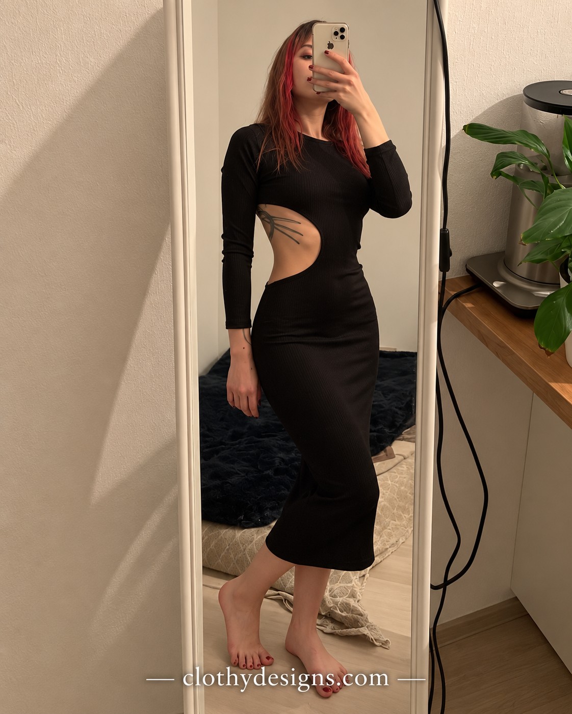 Black Cut-Out Long Sleeve Maxi Dress – Women’s Round Neck Slim Fit Party & Club Dress
